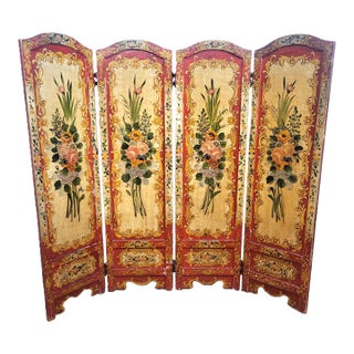 Antique Italian Floral Scarlet & Black Venetian Painted 4 Panel Folding Screen For Sale
