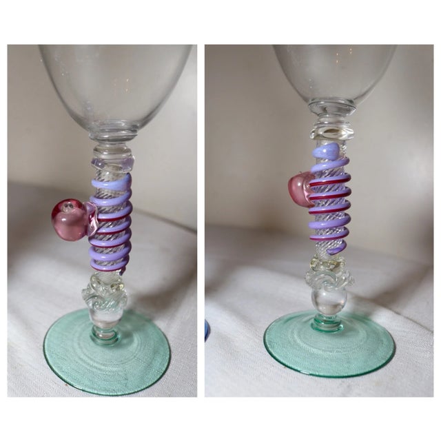 Glass 1990s Pair of Hand Blown Harry Stuart RPM Studio Art Glass Goblet Chalice Wine Glass For Sale - Image 7 of 11