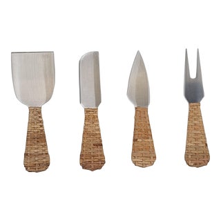 Artifacts Rattan Stainless-Steel Cheese Knives with Gift Box in Brown - Set of 4 For Sale