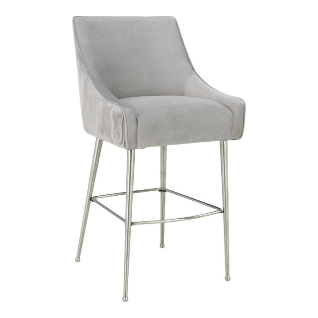 Beatrix Pleated Light Grey Velvet Counter Stool with Silver Legs For Sale