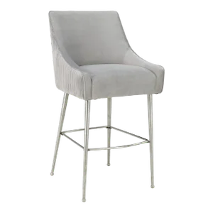 Beatrix Pleated Light Grey Velvet Counter Stool with Silver Legs