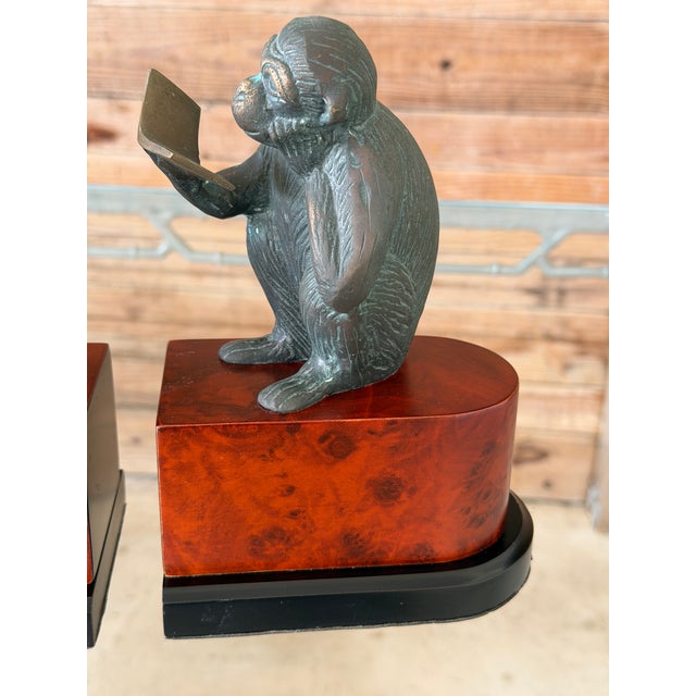 Vintage Maitland-Smith Style Bronze Patina Monkey Bookends on Burl Wood Bases – Pair For Sale In Naples, FL - Image 6 of 12