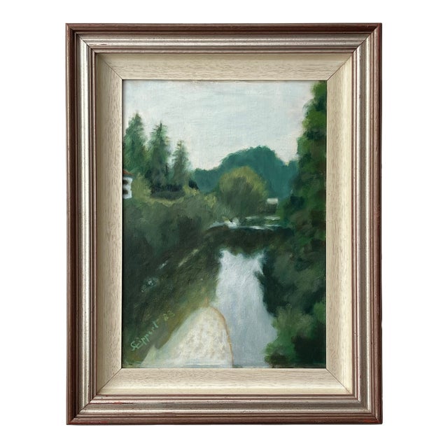 Vintage Expressionist Green River Landscape Oil on Canvas Board For Sale