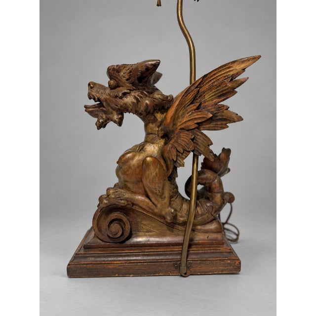 Wood Continental Renaissance Revival Carved Dragon Griffin Table Lamp, C. 1890-1930 For Sale - Image 7 of 10