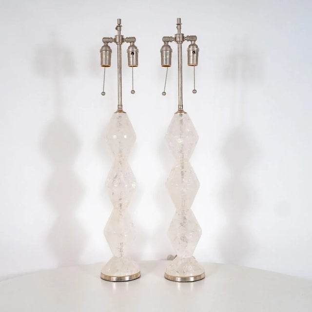Pair of rock crystal tables lamps with stacked diamond design and nickel hardware. Creator: Marcelo Bessa Manufacturer:...
