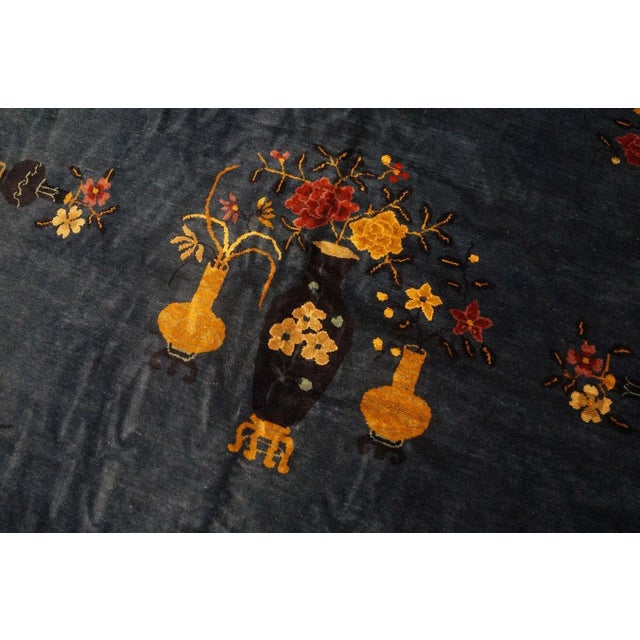 Textile 1920s Blue Vase Floral Antique Chinese Peking Rug 9' 1'' X11' 6'' Handknotted Wool Carpet For Sale - Image 7 of 9