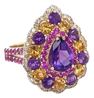 Amethyst Sapphire Diamond Yellow Gold Cocktail Ring Size 7