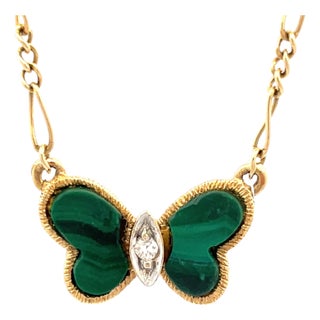 Rare 14k Gold Butterfly Necklace With Malachite Wings by Hammerman Bros For Sale