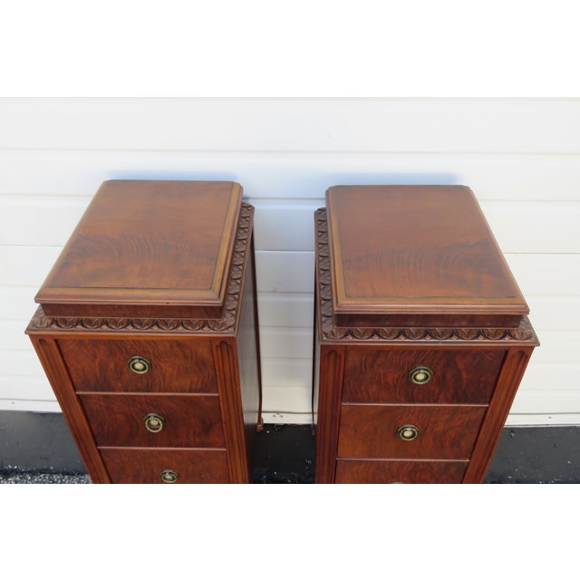 1930s Tall Narrow Carved Nightstands Side End Bedside Tables a Pair For Sale - Image 10 of 12
