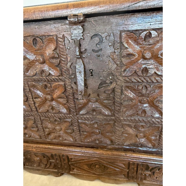 Large Antique 18 th Century Spanish Colonial carved coffer/trunk,dark rich color has a patina on each side.This amazing...