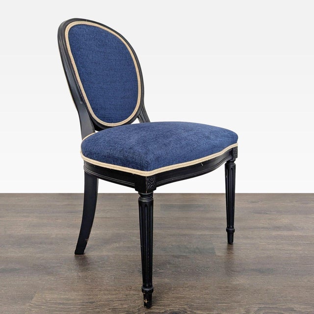 Elegant 5-Piece Dining Set With Glass Table and Blue Upholstered Chairs For Sale - Image 4 of 16