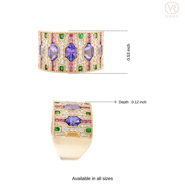 Stately 14k Solid Gold Wide Band With Multi Gem Contemporary Ring Size 5 For Sale - Image 10 of 12