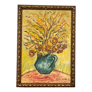 Lydia Wilk Original Oil Painting Floral Still Life Signed Vintage Ornate Frame, in the Style of Van Gogh, Signed 1977 Mid Century For Sale