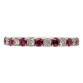 Fine Round Ruby and Diamond Band in Solid 14k White Gold - Halfway Band, Size 6.75 For Sale