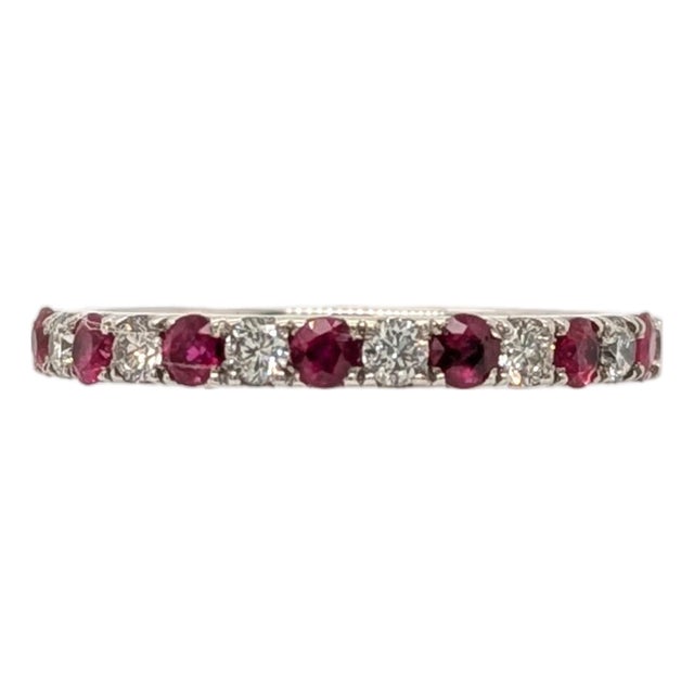 Fine Round Ruby and Diamond Band in Solid 14k White Gold - Halfway Band, Size 6.75 For Sale