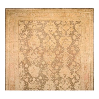 1930s Tan Taupe Geometric Antique Turkish Decorative Oushak Rug 16' X 21'6" Handknotted Wool Carpet For Sale