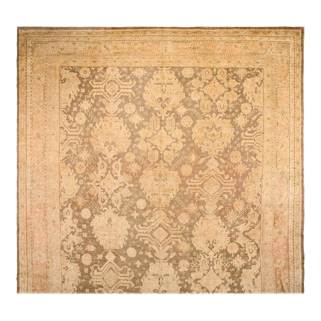 1930s Tan Taupe Geometric Antique Turkish Decorative Oushak Rug 16' X 21'6" Handknotted Wool Carpet For Sale