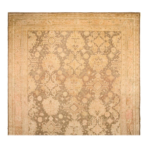 1930s Tan Taupe Geometric Antique Turkish Decorative Oushak Rug 16' X 21'6" Handknotted Wool Carpet