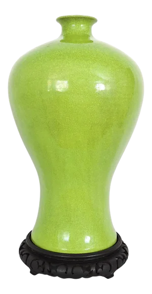 Large Early Mid Century Apple Green 'Meiping' Monochrome Chinese Vase & Carved Wood Stand