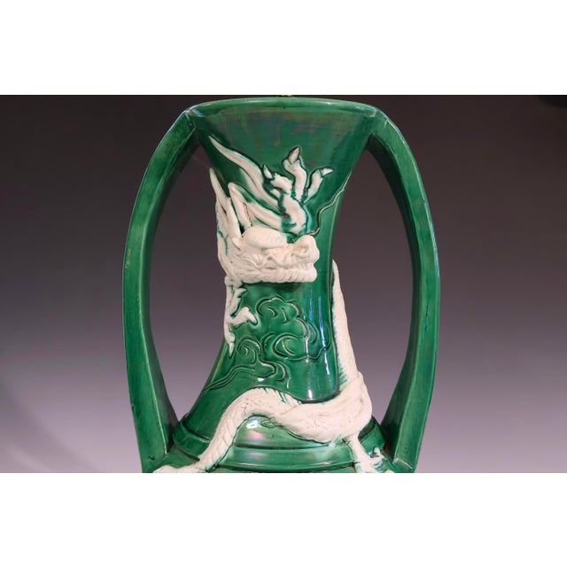 Arts & Crafts Antique Awaji Pottery Dragon Arts and Crafts Green Lamp For Sale - Image 3 of 9
