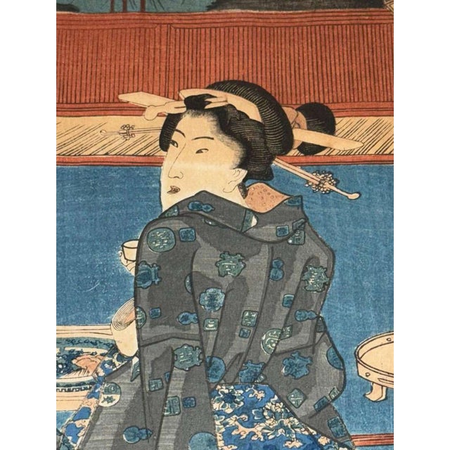 Kunisada, Woman on a Terrace Overlooking the Bay, Woodblock Print, 19th Century For Sale - Image 3 of 9