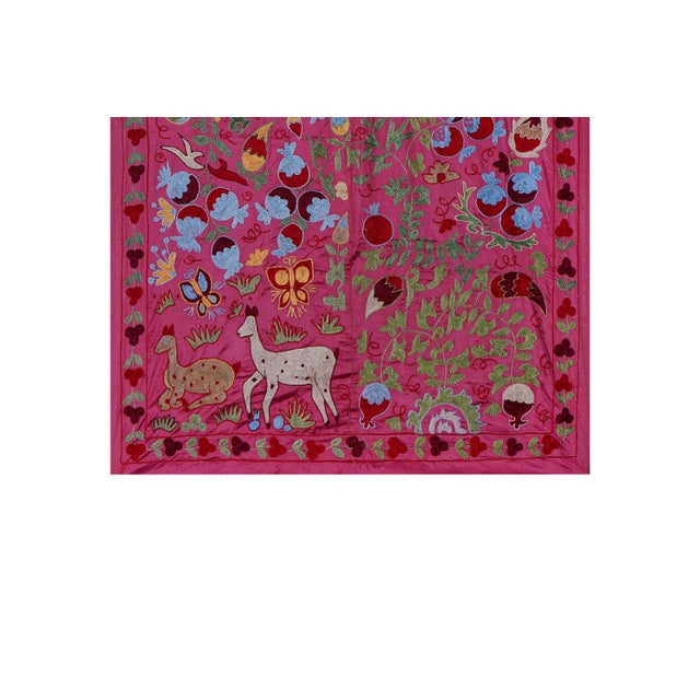 Mid-Century Modern Pink Uzbek Suzani Wall Hanging – Pomegranate Tree & Animal Motif Embroidery 3'5'' X 6' For Sale - Image 3 of 9