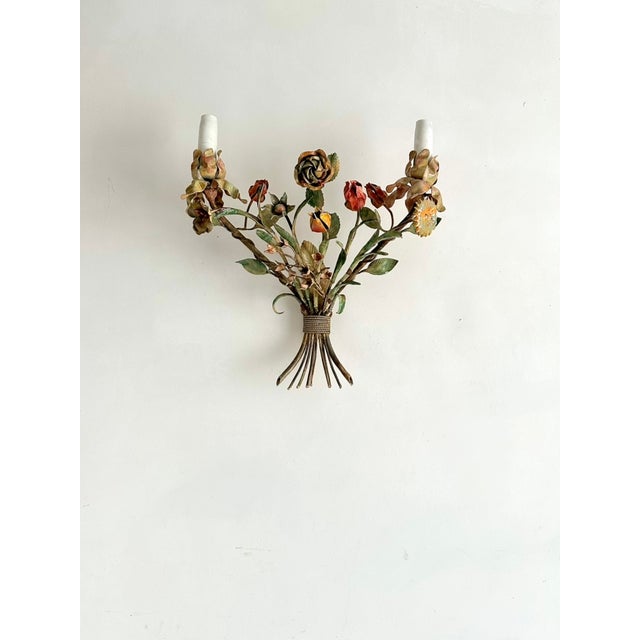 Italian Hand-Painted Tôle Rose Bouquet Two-Light Wall Sconce, 1950s For Sale - Image 4 of 15