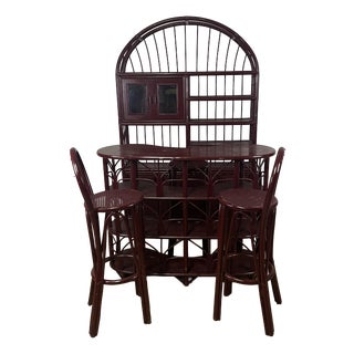 Vintage Italian Burgundy Bamboo Wicker Bar Cabinet and Stools, 1970s, Set of 5 For Sale