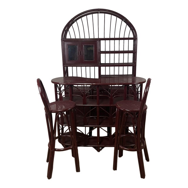Vintage Italian Burgundy Bamboo Wicker Bar Cabinet and Stools, 1970s, Set of 5 For Sale