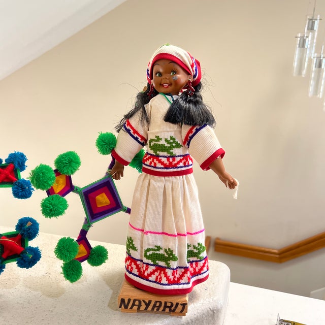 Vintage Native 2 Set Traditional Mexican Huichol Hand-Decorated Dolls -14 Inches For Sale - Image 4 of 11