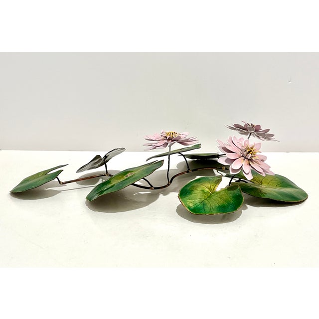 Green Vintage Enameled Copper Water Lily Wall Sculpture Pink Lotus Lily Pad Mid Century Decor For Sale - Image 8 of 8