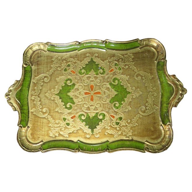 Gold Italian Carved and Gold and Green Painted Sideboard Tray, 1960 For Sale - Image 8 of 8