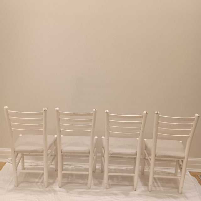 Vintage Wood Ladder Back Child's Accent Chair With Light Grey Upholstered. Set of 4 Painted White. Great For a Kid's...