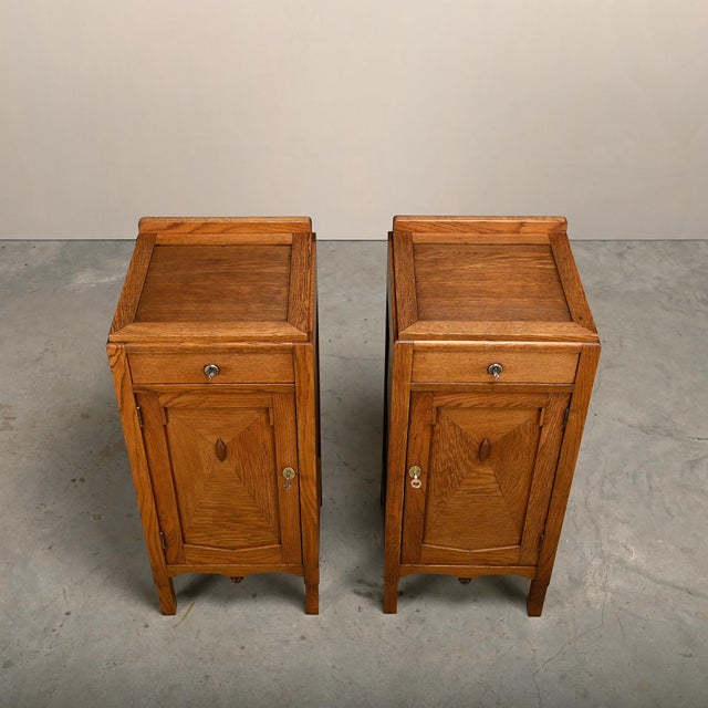Art Deco Amsterdam School Nightstands in Oak and Glass, 1930s, Set of 2 For Sale - Image 10 of 18