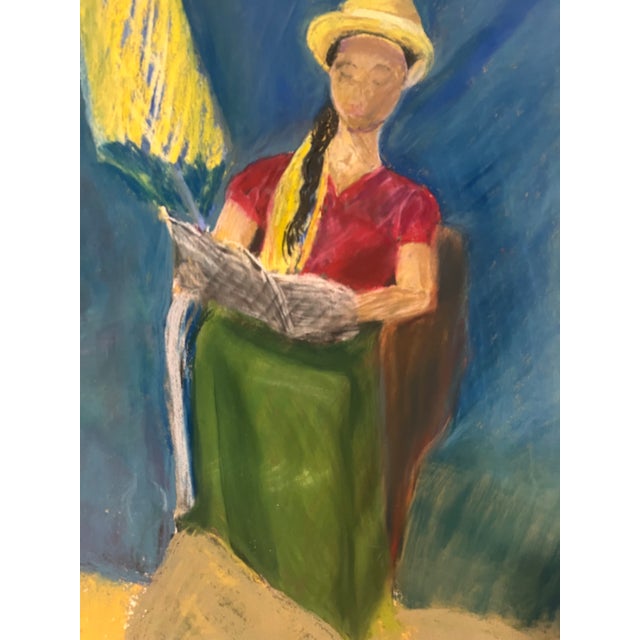 Figurative Vintage Original Figurative Painting Woman Reading Newspaper Oil Pastel on Paper, Unknown Artist For Sale - Image 3 of 5
