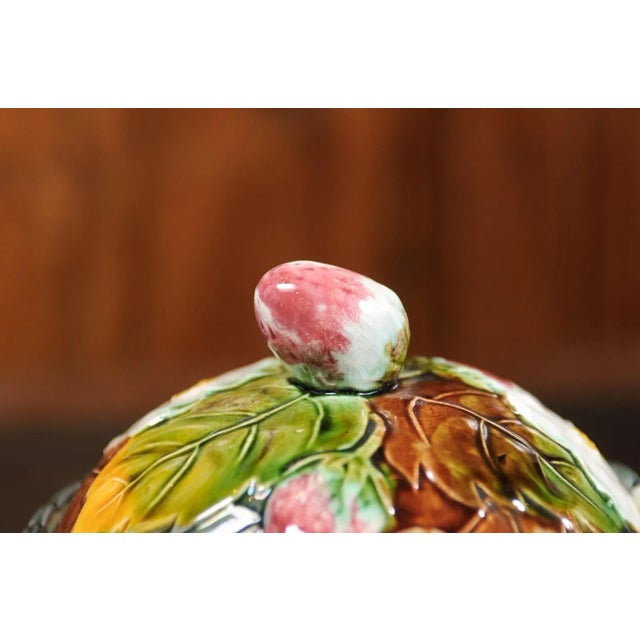 19th Century French Lidded Majolica Strawberry Bowl with Flowers and Foliage For Sale - Image 9 of 13