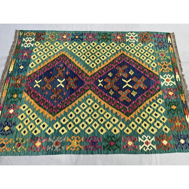 2000 - 2009 4'5" X 5'10" Green Afghan Chobi Kazak Geometric Wool Flatweave Kilim Rug For Sale - Image 5 of 16