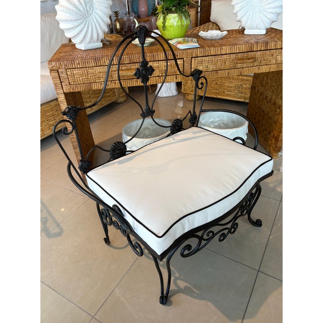 Vintage Wrought Iron Garden Patio Bench Stool Newly Upholstered Powder-Coated For Sale - Image 4 of 12