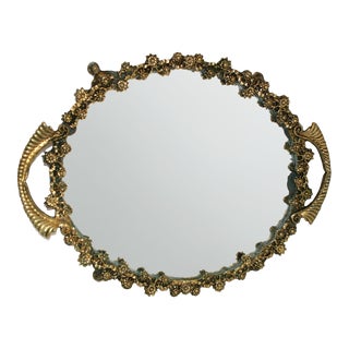 Vintage Gold Oval Footed Vanity Tray Brass Filigree Handles and Floral Border For Sale
