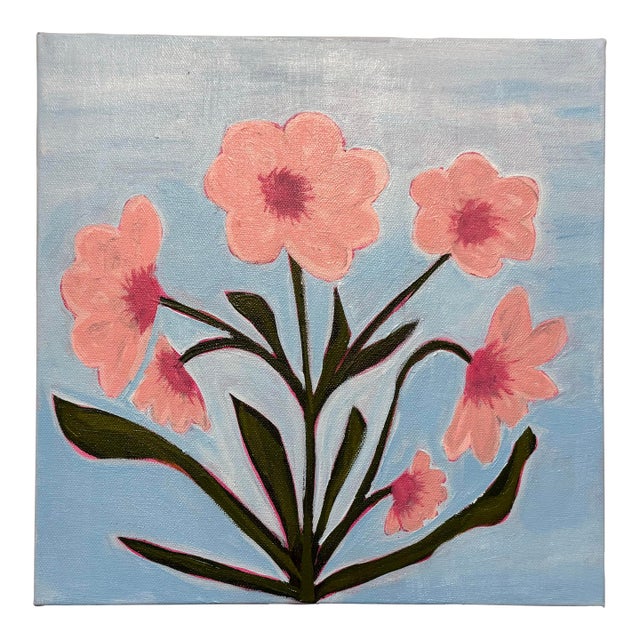 Modern Abstract Floral Folk Art Acrylic Painting on Canvas, Signed, Framed, Dated For Sale