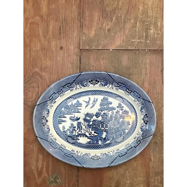 Blue Vintage Chinese Blue Willow Ceramic Platter For Sale - Image 8 of 12