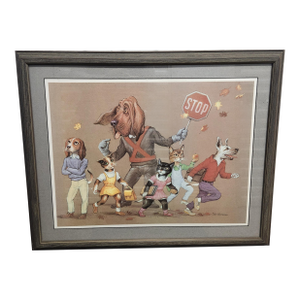 Framed Curt Frankenstein "School Crossing" Anthropomorphic Cats and Dogs Lithograph