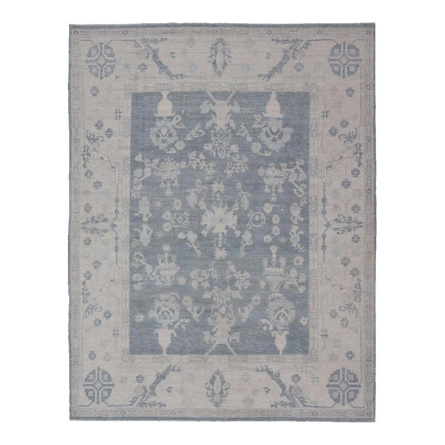 Large Modern Oushak Rug With Muted Tones of Blue Gray and Cream For Sale