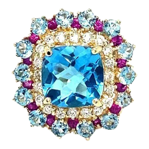 6.41 Carat Cushion Cut Blue Topaz Sapphire Diamond Yellow Gold Cocktail Ring Size 7