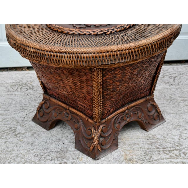 Vintage Wicker/Rattan Round Table W/Removable Top & Carved Wood Base For Sale - Image 4 of 10
