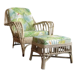 1950s Mid-Century White Wash Wicker Cushioned Lounge Chair and Ottoman - Set of 2