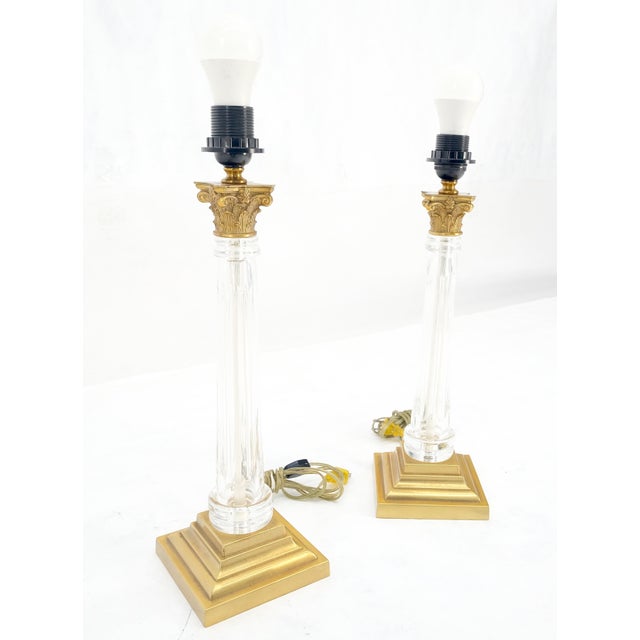 960'sPair of Crystal & Square Brass Bases Ornate Shades 25" Tall Table Lamps For Sale - Image 6 of 15