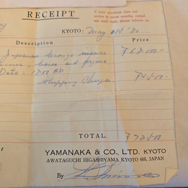 Antique Bronze Scholar on Horse Incense Burner 1800 Ad With Original Bill of Sale From Yamanaka & Co LTD Kyoto For Sale - Image 16 of 17