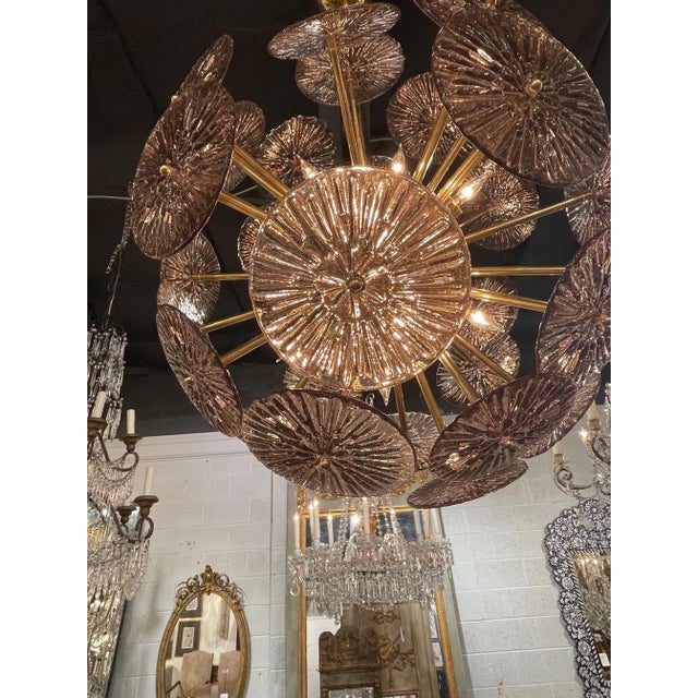 Pink Murano Glass & Brass Disc Form Sputnik Sphere Chandelier For Sale - Image 4 of 8