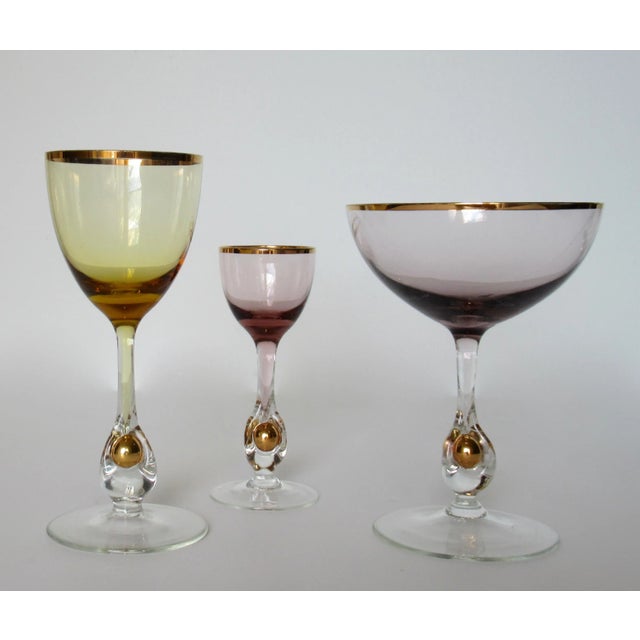 Vintage Italian Glass C.1950's Czech Josef Stanik Hand-Blown Crystal Gold-Rimmed Stemware With Encapsulated Gold Nugget Stems- 3 Pieces For Sale - Image 4 of 10